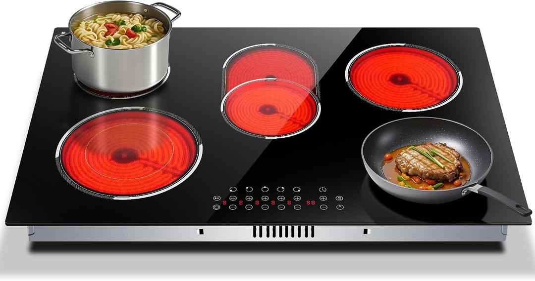 30 Inch Electric Cooktop, Built-in 5 Burner Electric Stovetop 8400W, 30" Glass Ceramic Cook Top with Expanded Zone, Child Safety Lock, Timer, Pause Control, 220V - 240V Hard Wire, No Plug