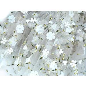 51 inches Width 3D Vivid Floral Chiffon Embroidery Lace Fabric by The Yard (White)