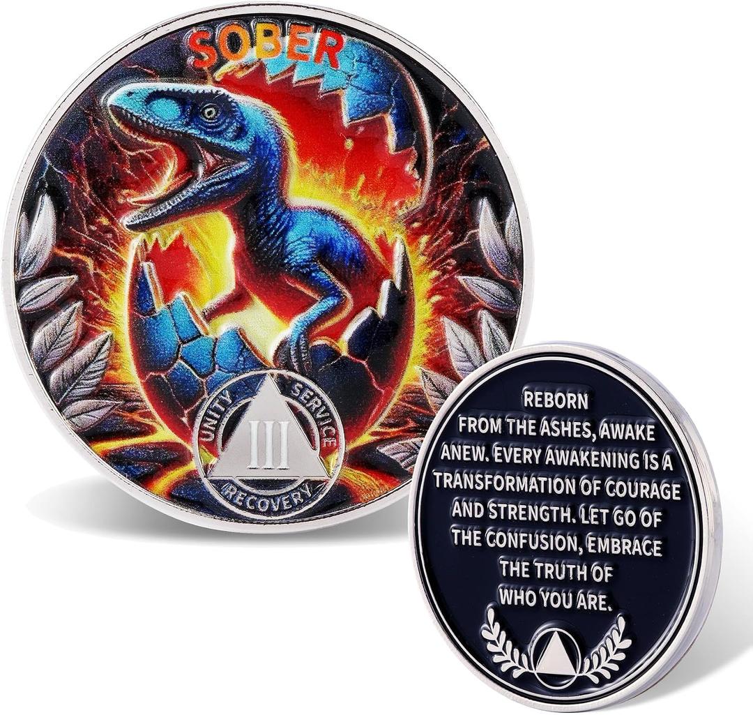 Sober Coin for Reborn Raptor Sobriety Chip Dinosaur Recovery Medallion with Inspirational Quote AA/NA Token AA NA Chips Gift for Men & Women (Reborn Dinosaur, 3 Years)