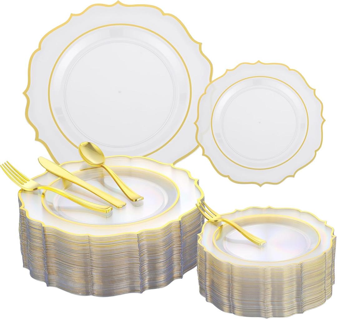 Noemie 300 PCS Premium Clear Plastic Plates, Clear Baroque Dinnerware Set for 50 Guests with Gold Trim Include 50 Dinner & 50 Dessert Plates, 200 Gold Silverware Set