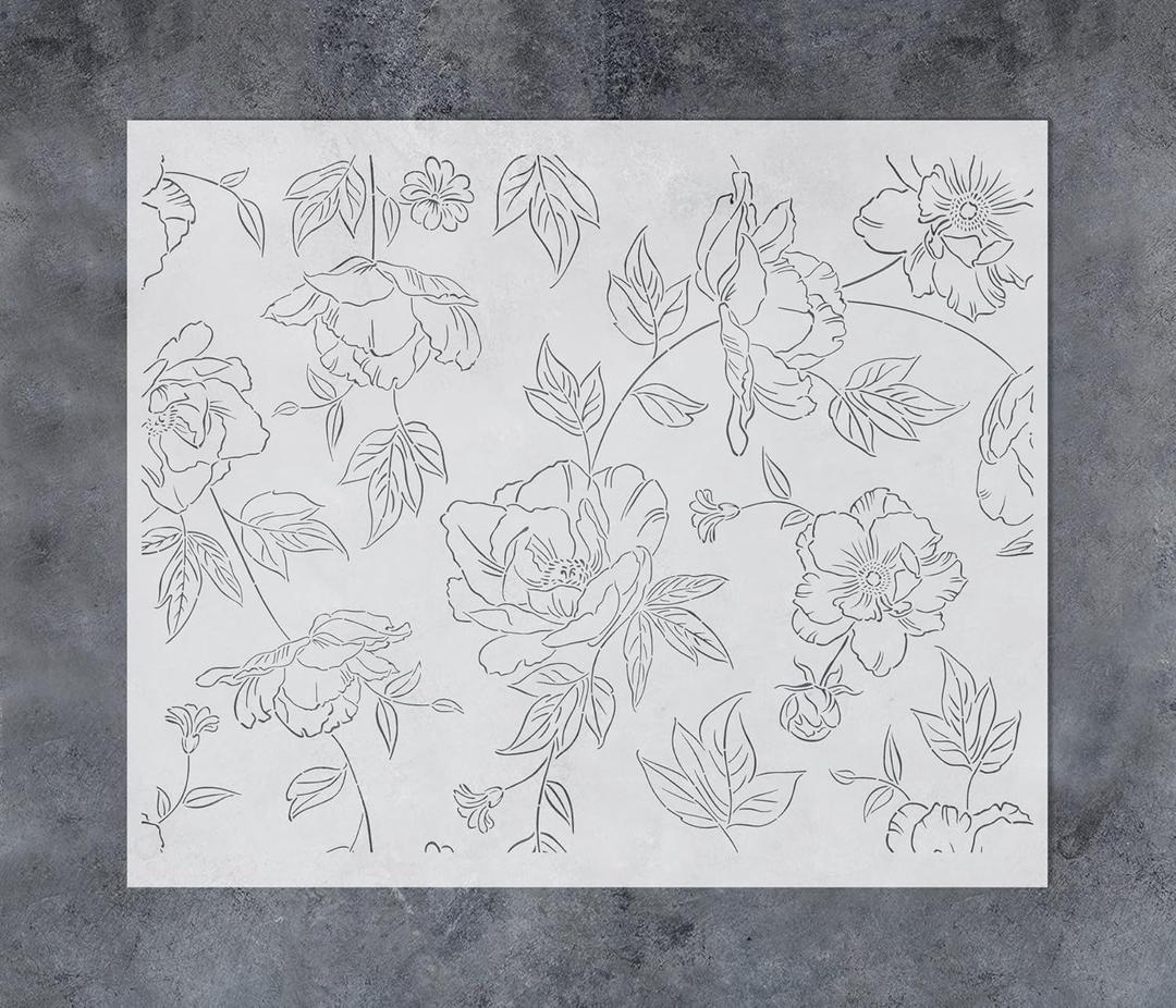 GSS Designs Large Flower Wall Stencils 12x16Inch Flourish Stencils for Painting on Wood Canvas Paper Fabric Floor Wall Reusable DIY Art Craft Stencils for Painting Flowers and Leaves