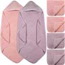 VitalCozy 6 Pcs Baby Muslin Hooded Bath Towels and Washcloths Muslin Cotton Hooded Baby Towels Absorbent Blankets for Gift Newborn Infant Shower (32 x 32 Inch,Pink,Rose)