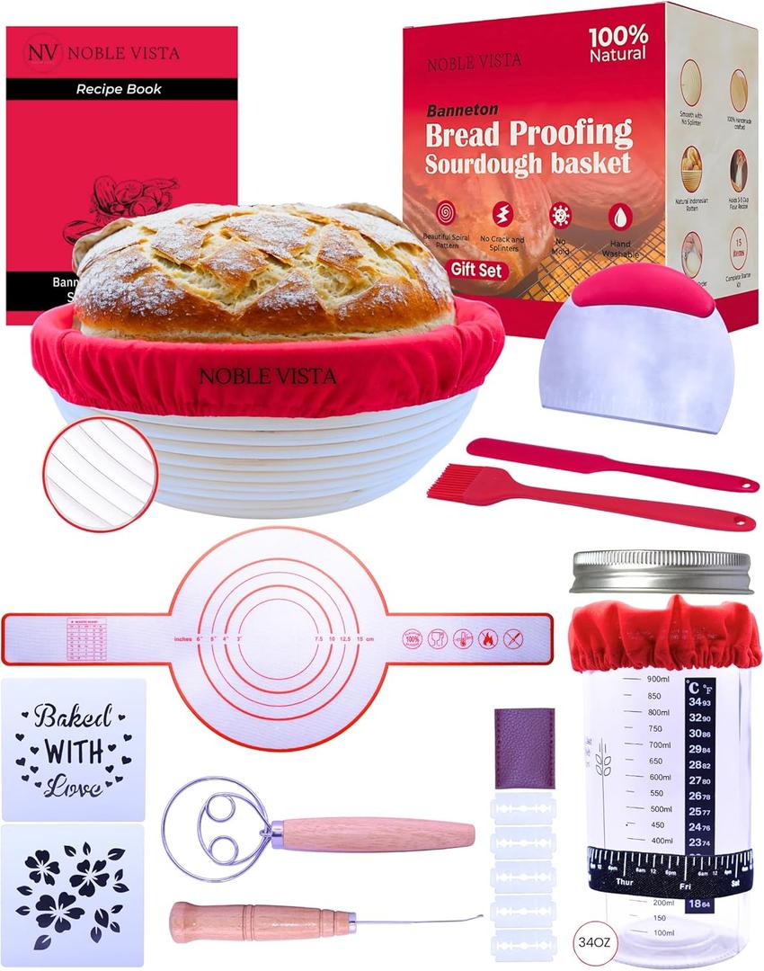 Premium Sourdough Starter Kit - Sourdough Bread Baking Supplies with Handmade 9" Indonesian Rattan Basket, Sourdough Starter Jar, Stainless Whisk, Silicone Sling, Stencils, Scoring Tools-20 Piece