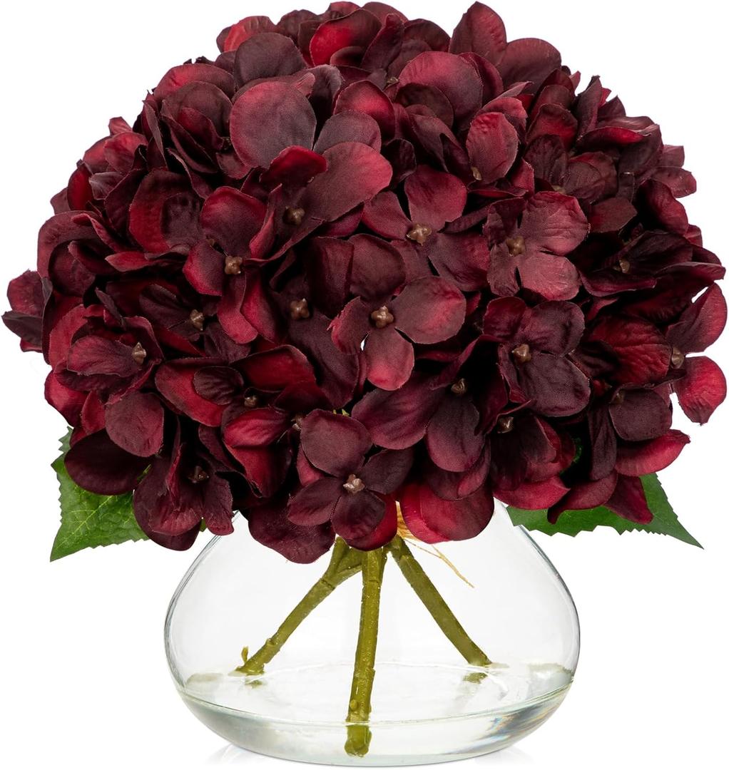Hollyone Dark Red Fall Hydrangea Artificial Flowers for Decoration in Glass Vase Autumn Silk Faux Flower Arrangements with Faux Water Table Centerpiece Vase with Fake Flowers Fall Decorations for Home 
