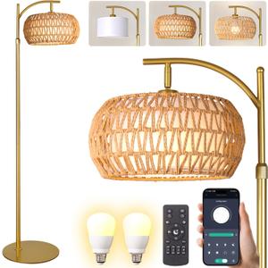 Gold Boho Rattan Floor Lamp w/Remote, Dimmable (2700K - 6000K), 2 - in - 1 Wicker & Fabric Shade, Adjustable 165-172cm for Living Room & Bedroom (Small)