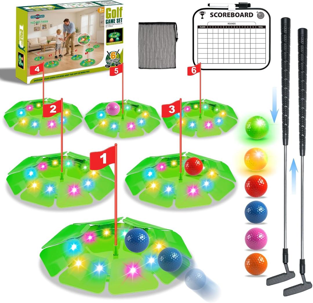 TERRAMUS Light Up Golf Play Set - Upgraded Kids Toy Golf Putting Game Set with 6 LED Targets, 2 Clubs, 6 Balls (2 Glow), Night Golf Toys Gifts for Kids Golfers Family Indoor Outdoor Beach Lawn Park, 7488 cubic centimeters