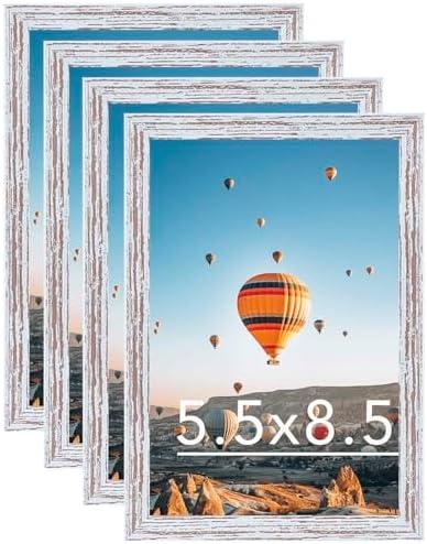 JCJMY 5.5x8.5 Picture Frame Set of 4 for Wall Hanging or Tabletop, Wall Mounting Horizontally or Vertically, 5.5 x 8.5 Wall Photo Frame with Shatter Resistant Plexiglass, 4 Pack, Rustic White