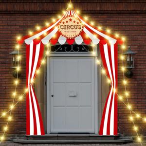 Preboun 7 Pcs Circus Tent Decorations Carnival Party Decorations with String Light Carnival Red and White Striped Banner for Circus Theme Party