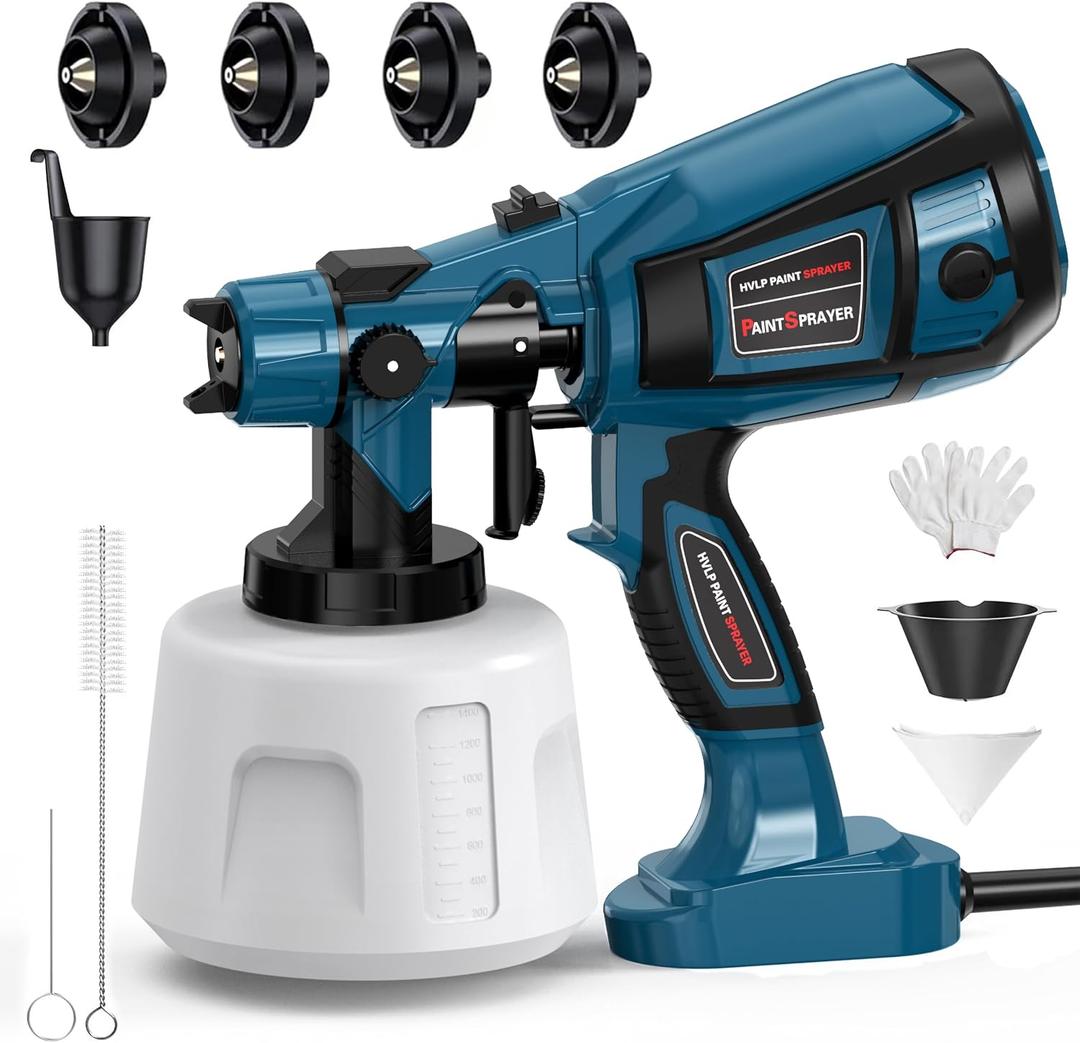 1000W High Power Paint Sprayer - Corded HVLP Paint Gun with 4 Sizes Copper Nozzles, Easy to Clean & Control Power Painter for House Painting, DIY Crafting, Tables & Chairs (Blue)