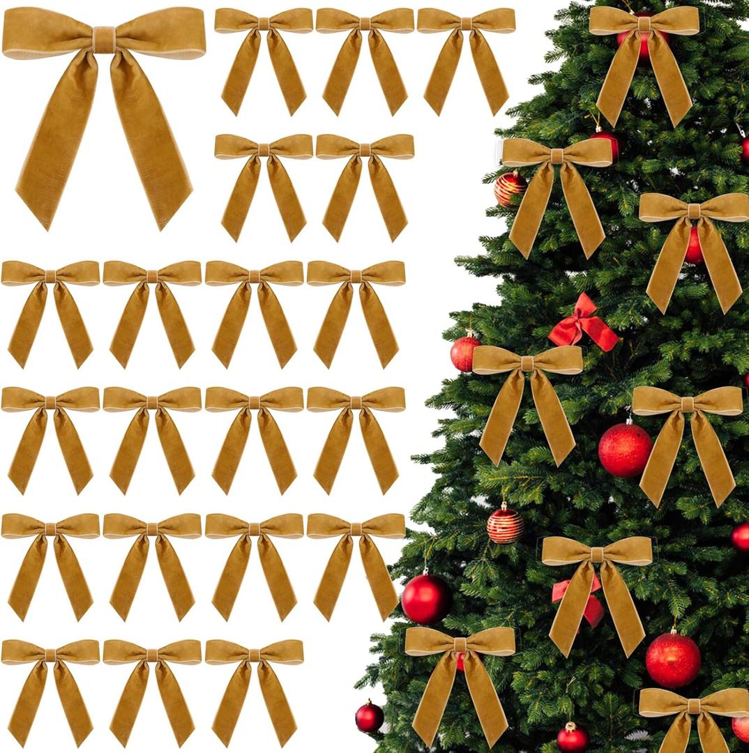 4 x 24pcs Christmas Tree Topper Bows 4.5x4.5 Inch Velvet Xmas Wreath Bows Ribbon Hanging Ornament for Christmas Holiday Home Outdoor Indoor Party Garland Crafts Decoration(Coffee)