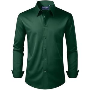 Alimens & Gentle Men's Dress Shirt Regular Fit Stretch Stain Shield Long Sleeve Solid Business Wedding Button Down Shirts, L, Green