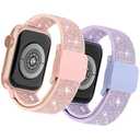 sylacor Stretchy Bands Compatible with Kids Apple Watch Band 38mm 40mm 41mm 42mm 44mm 45mm 46mm 49mm, Soft Elastic Glitter Strap for iWatch Series 10 9 8 7 6 5 4 3 SE SE2 Girls Boys (Pink+Purple, 38/40/41/42mm(Series 10))