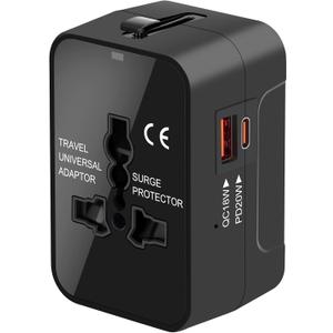 Universal Travel Adapter Worldwide, GaN Fast Charging with PD 3.0 USB-C & USB-A Quick Charge Ports, All-in-One International Power Plug Adapter Converter AC Wall Charger for Europe USA UK AUS Black