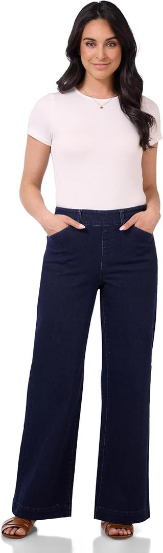 Rekucci Womens Secret Figure Pull-On Wide Leg Jeans Stretch Denim, Flattering Fit, All-Day Comfort