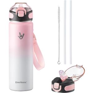 Enerbone 24 oz Insulated Water Bottle, Stainless Steel Bottle with Carrying Strap, Double-Wall Vacuum Insulation Design, Leakproof Sports Bottle with Straw, Keep Drinks Cold or Hot for Hours