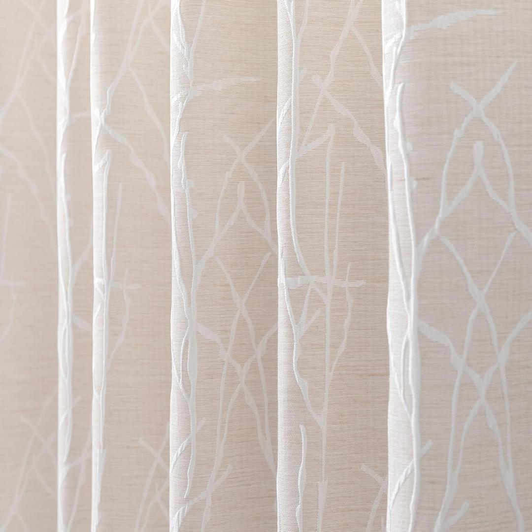 Light Beige Patterned Curtains 96 Inch Long for Living Room Dining 2 Panels Back Tab Pocket Tree Botanical Design Toile Bold Room Darkening Drape Light Filtering Linen Colored Curtain Modern Farmhouse
