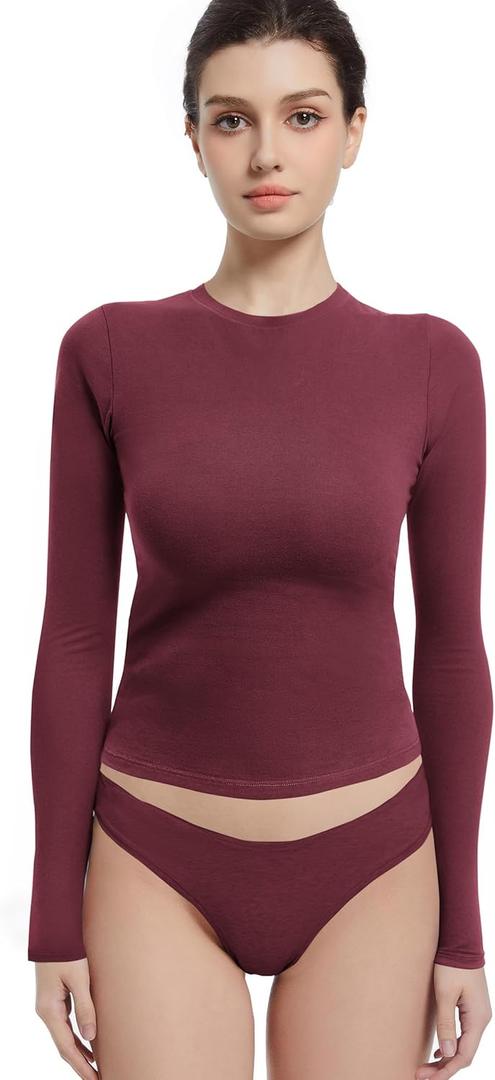Long Sleeve Shirts for Women Crewneck Basic Tees T Shirts Fitted Crop Tops Y2k Going Out Tops (Pomegranate Red, Large)