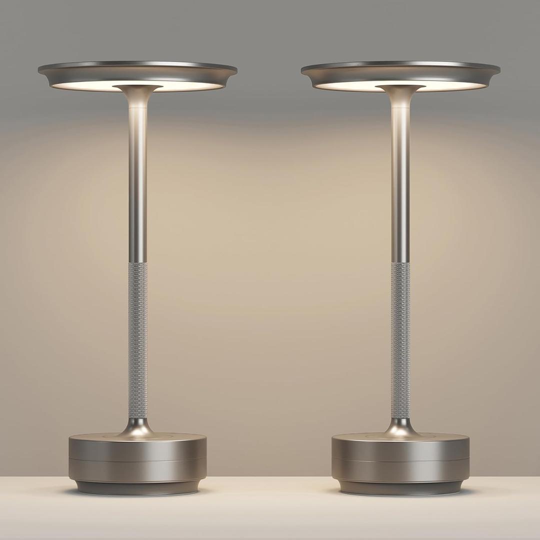 Rechargeable 2 Pack Cordless Table Lamps, 5000mAh Portable LED Table Light, 3 Color Stepless Dimming Battery Powered Metal Table Lamp for Outdoor Patio/Bedroom/Camping.(Silver)