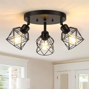Baocuz 3-Light Kitchen Flush Mount Ceiling Light, Adjustable Multi-Directional Ceiling Light Fixture, Farmhouse Black Metal Cage Close to Ceiling Lamp for Dining Room Bedroom Hallway