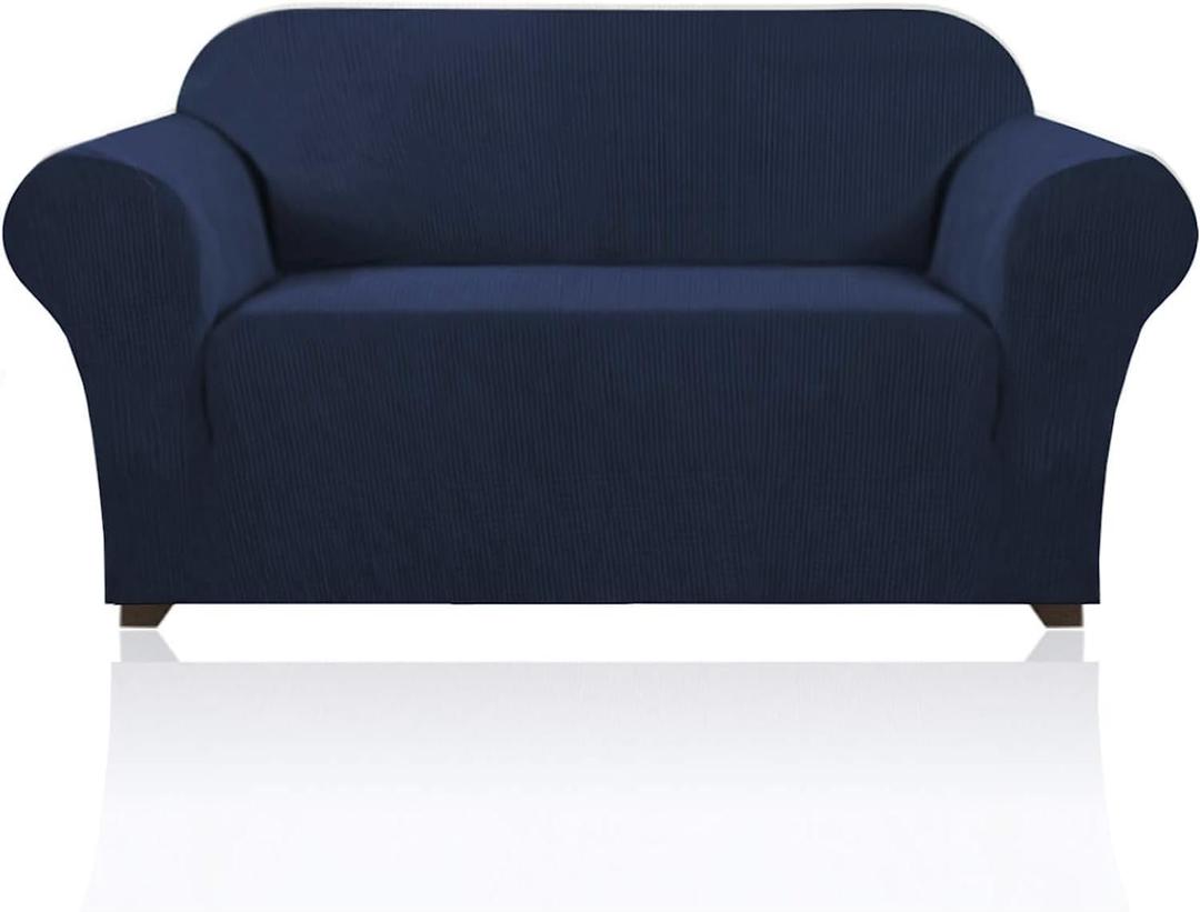 PrinceDeco Stretch Loveseat Sofa Cover Slipcover Couch Cover for 2 Cushion Sofa Washable Sofa Cover for Pets Friendly Furniture Protector Covers with Non Slip Bottom(Loveseat, Navy)