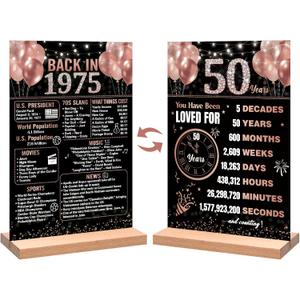 Trgowaul 50th Birthday Anniversary Decorations for Women, Rose Gold Back in 1975 Birthday Poster Acrylic Table Sign with Stand, 50 Anniversary Decor Gifts for Women, Vintage 1975 Supplies 50 Birthday