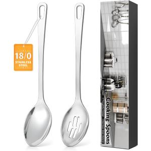 2 Pcs Stainless Steel Cooking Spoons Set, Solid & Slotted Metal Serving Spoons, Heavy Duty Sturdy Large Soup Ladle, High Heat Resistant Kitchen Cooking Utensils for Mixing, Stirring, Easy to Clean