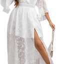 EYWOL Wedding Guest Dress Plus Size Ruffle Bell Sleeve V Neck A Line Flowy Empire Waist Maxi Dresses with Slit (White, XL)