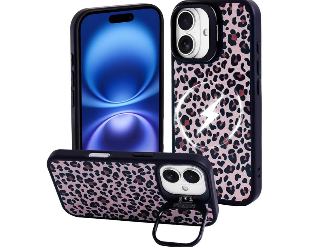 J.west Magnetic Case for iPhone 16 Case 6.1" Compatible with Magsafe,Matte Black Camera Lens Kickstand Drop Protection Animal Leopard Shockproof Rugged Phone Cover Cases Pack of 3