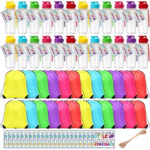 Domensi 48 Pcs End of Year Gifts Water Bottles Bulk and Drawstring Backpack Set with Cards 17oz Plastic Leakproof Drink Bottle Reusable for Summer Graduation Party Favors(Pastels,Slim Flip-top)