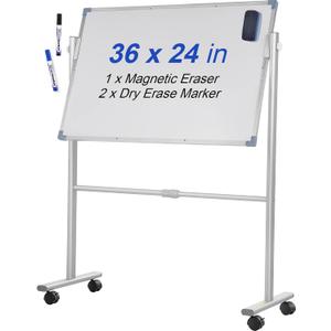 VEVOR Mobile Magnetic Whiteboard, 36 x 24 Inch, Double Sided, 360 Degree Reversible Rolling Dry Erase Board, Height Adjustable with Aluminum Frame and Lockable Swivel Wheels, for Office School Home
