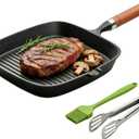 Cast Iron Grill Pan, 9 Inch Griddle Pan with Kitchen Tong & Oil Brush, Gilling Skillet with Pour Spout & Grill Lines for Searing Steak, Stove Tops Gas Induction Campfire Compatible, PFOA Free