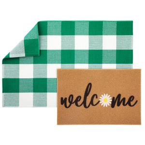 Maasechs 2 Pcs Outdoor Door Mat Combo Set Layered Outdoor Rug and Coir Welcome Doormat Non Slip Outside Floor Mat for Front Porch Entryway Patio Yard Decor(Green Daisy,24'' X 35'',24'' X 16'')