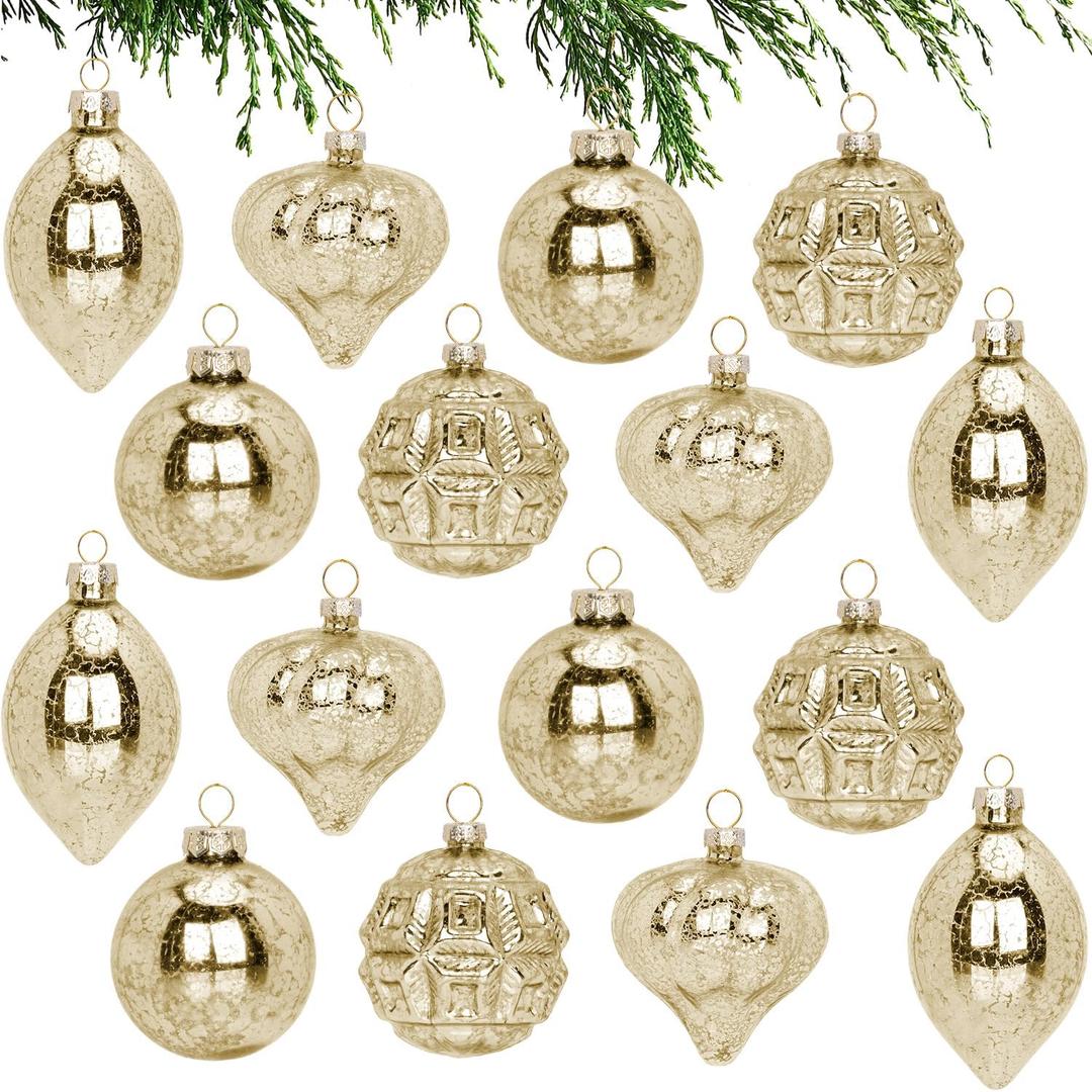 16 Pcs Champagne Mercury Glass Christmas Ball Ornaments Set, Assorted 2.6''-3.3'' Hanging Baubles for Christmas Tree, Vintage Decorations for Winter Holiday Xmas Tree Decor