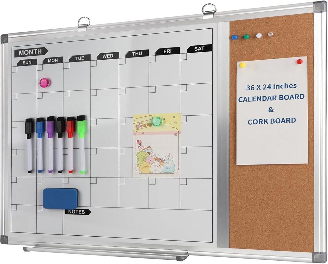 Magnetic Dry Erase Calendar Whiteboard Corkboard Combo, 36 x 24 Inch Monthly Calendar Whiteboard Bulletin Corkboard for Wall, Aluminum Frame with Dry Erase Markers, Magnets, Push Pins (36 x 24 Inch)