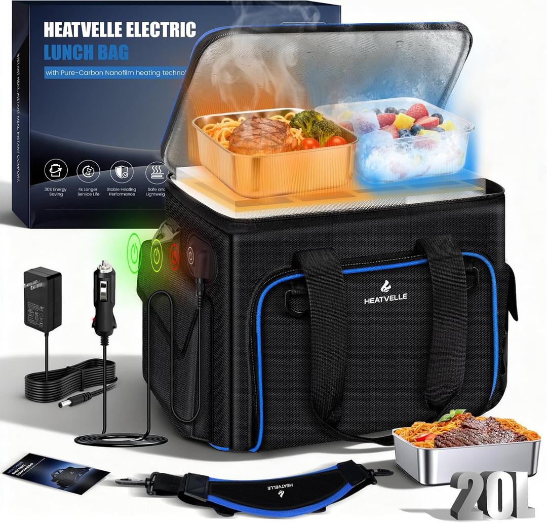 20L Large Heated Lunch Box Insulated Lunch Bag, Auto Temp Control Electric Lunch Box for Adults Men, 12/24/110V Portable Food Warmer for Truck/Car/Work/Travel, Lonchera Elctrica Porttil