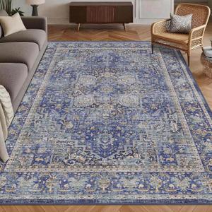 Washable Area Rug 6' x 9' Vintage Traditional Persian Mat - Foldable Distressed Non-Slip Machine Washable Carpet for Living Room Bedroom Kitchen Home Decor - Indigo and Gold