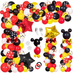 142pcs Mouse Balloons Garland Kit, Foil Confetti Black Red Yellow White for Cartoon Mouse Theme Birthday Shower Decorations, Red White Yellow Black