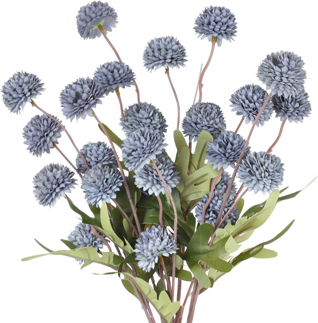 5 Pcs Pompon Mum Artificial Flowers, Dusty Blue Flowers Fake Mini Chrysanthemums Flowers with Stems for Wedding DIY Bouquet Table Centerpieces Floral Arrangements