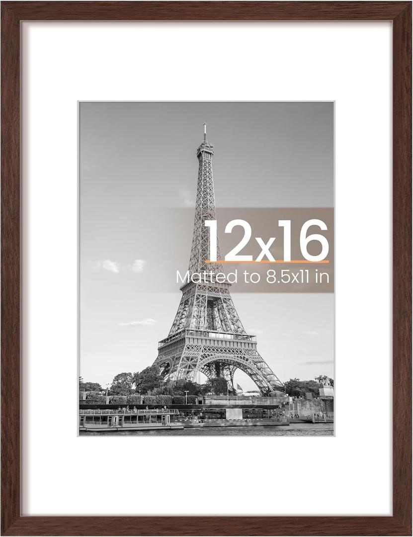 upsimples 12x16 Picture Frame, Display Pictures 8.5x11 with Mat or 12 x 16 Without, Wall Hanging Poster Frames, Brown, 1 Pack