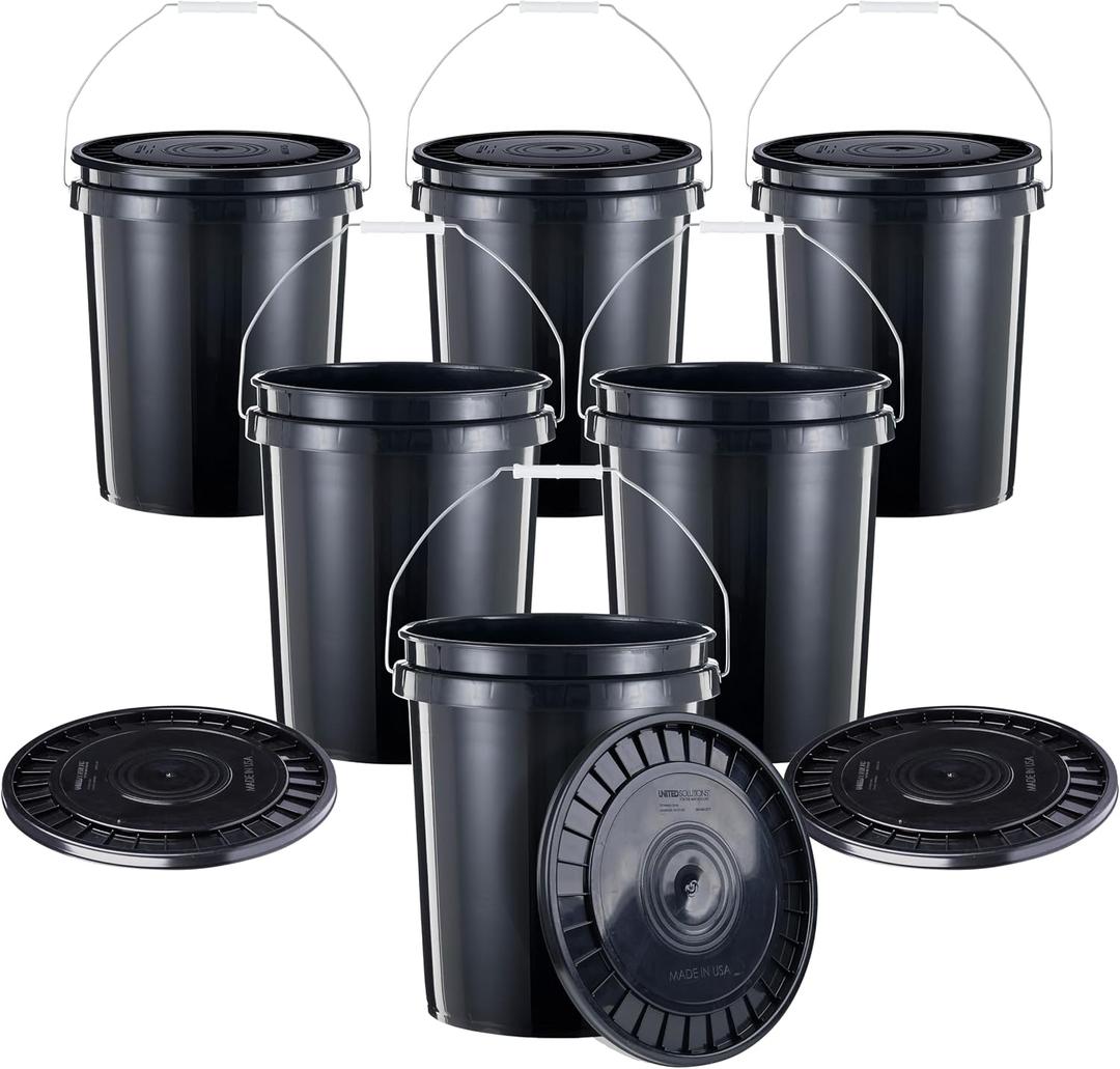 United Solutions 5-Gallon Heavy-Duty Buckets with Snap-On Lids, 6-Pack BPA-Free, Food-Grade Plastic, Multi-Purpose Storage for Home, DIY, and Job Sites Black