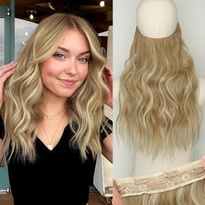 KooKaStyle Invisible Wire Hair Extensions with Transparent Wire Adjustable Size 4 Secure Clips 16 Inch Long Wavy Secret Hairpiece(Dark Ash Blonde mix Light Blonde Highlights)
