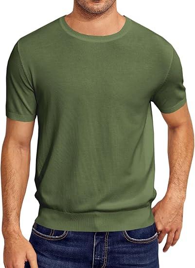Mens Short Sleeve Knit T-Shirts Crew Neck Slim Fit Stretch Pullover Sweater Casual Solid Basic Knitwear L