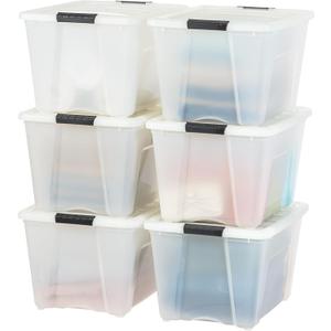IRIS USA 54 Qt Stackable Plastic Storage Bins with Lids, 6 Pack - BPA-Free, Made in USA - Discreet Organizing Solution, Latches, Durable Nestable Containers, Secure Pull Handle - Pearl