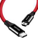 AGVEE 2 Pack 6.6ft USB-C to Mini USB Cable, Braided Durable Mini-B 5-Pin to Type-C Data Charging Charger OTG Cord for Hero 3+, PS3 Controller, Canon Nikon Camera, GPS, Blue Yeti, Red
