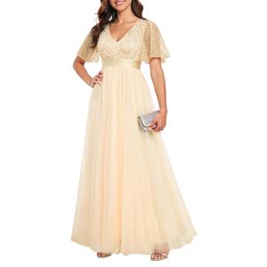 Formal Dresses for Women Prom Evening Gown Sequin Tulle V Neck Ruffle Short Sleeve Empire Waist A Line Long Dress. LARGE