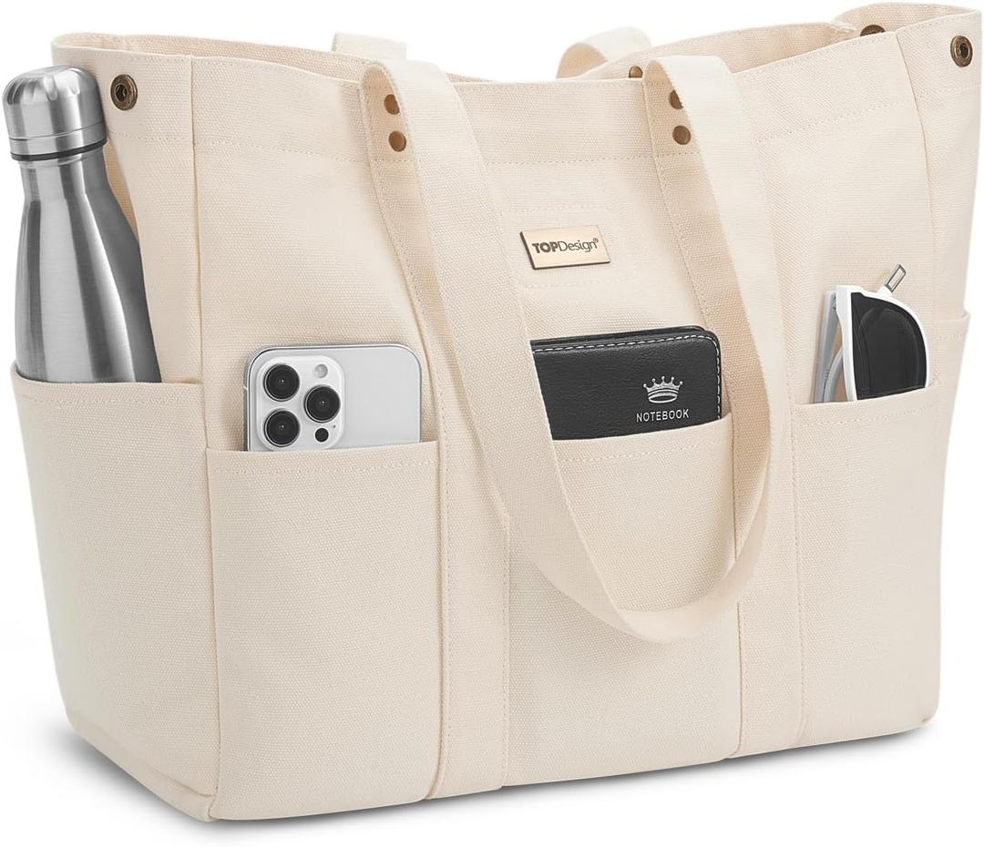 TOPDesign Large Canvas Tote Bag for Women, Shoulder Bag with Laptop Sleeve & Pockets, Everything Tote for Travel, Work (Beige)