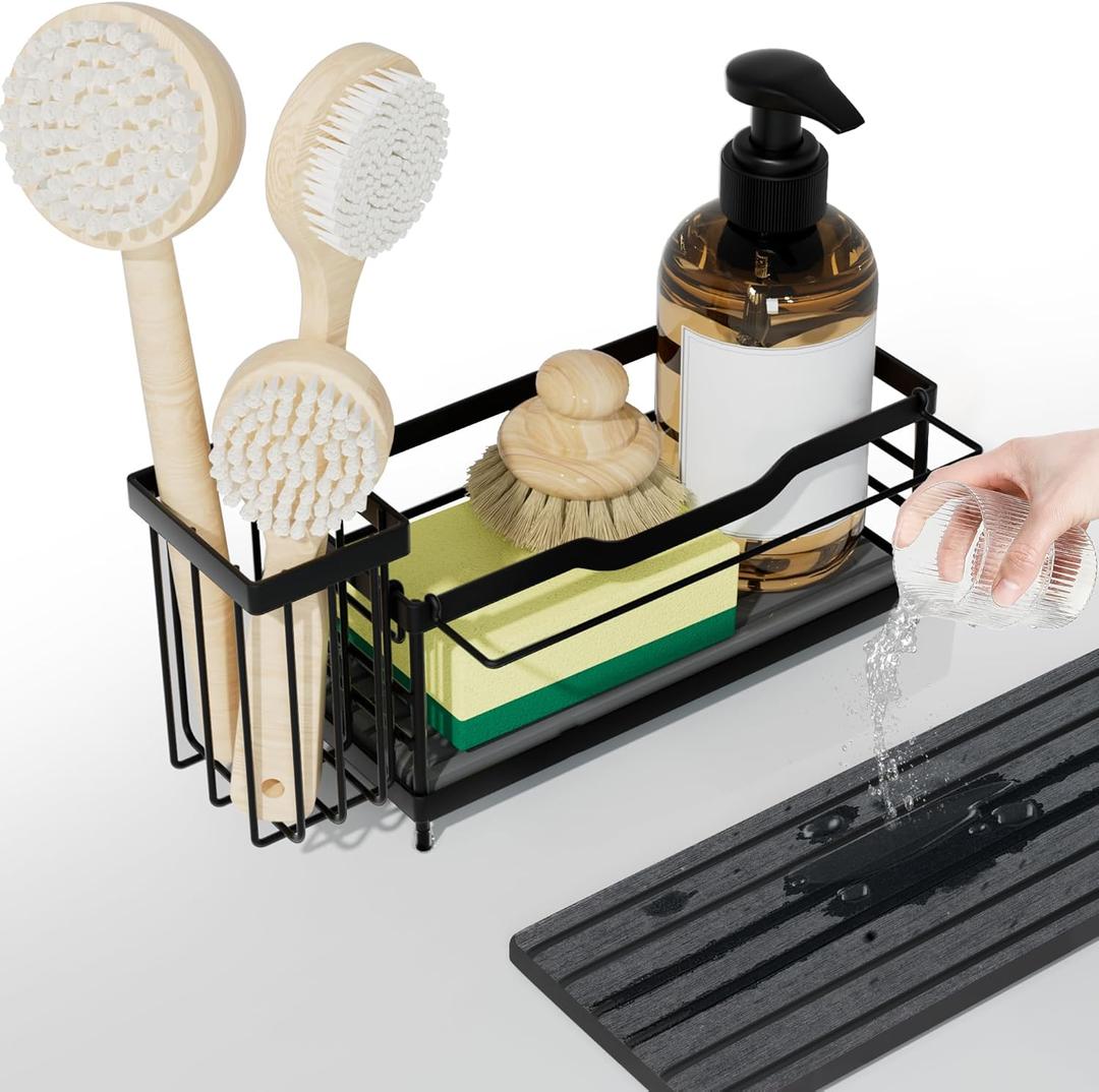 Sponge Holder for Kitchen Sink,Sink Caddy Organizer With Stone Drying Tray, Stainless Steel Kitchen Countertop Organizer for Sponge Soap Dispenser Black