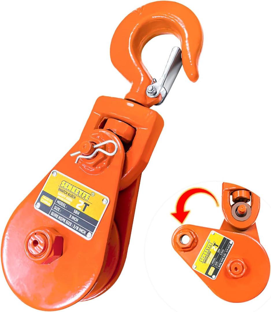 Snatch Block with Hook, 2 Ton WLL,Suitable for 3/8" Wire Ropes, Snatch Block Pulley for Rollback Wrecker, Car Hauler, Tow Truck Accessories, Winch Accessories, Light Orange Color