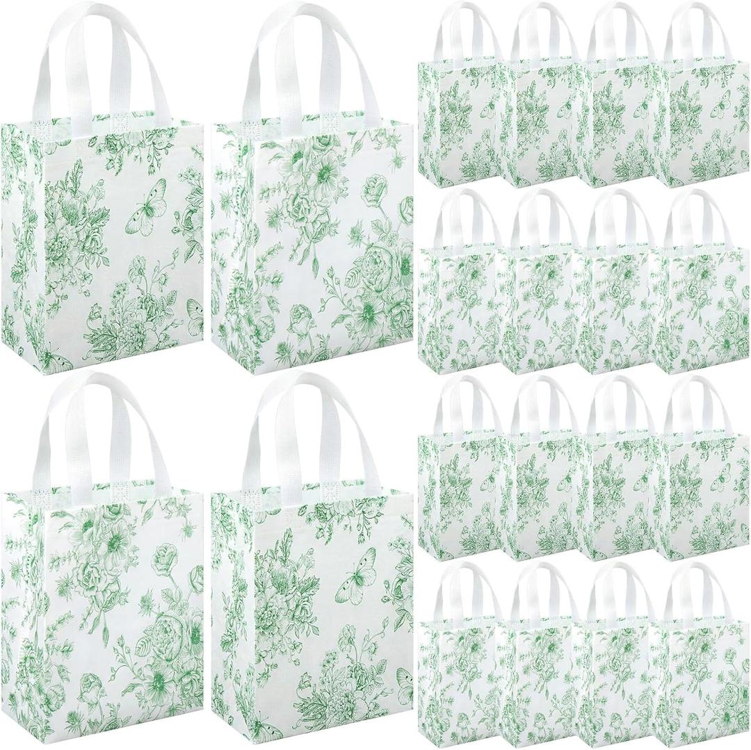 Wovnet 30 Pcs Sage Green Floral Gift Bags with Handle Reusable Non Woven Vintage Floral Tote Party Favor Bags Spring Flowers Treat Goodie Bag for Wedding Bridal Shower Tea Party 10 x 8 x 4 Inch