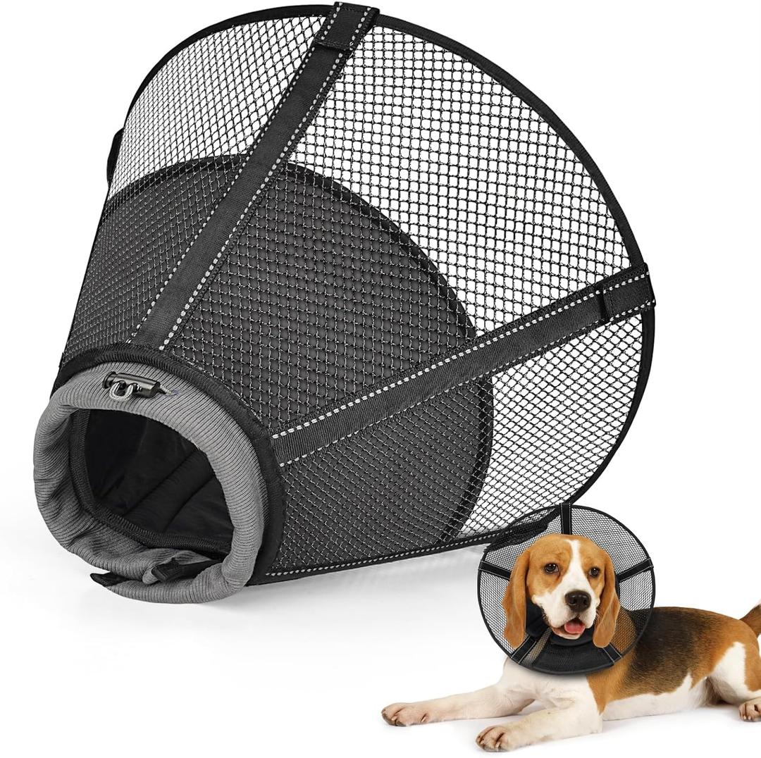 Dog Cone Collar After Surgery to Stop Licking: Soft Grid Recovery Collar with Detachable Pad, Elizabeth Cone Alternative for Large Medium, Small Dogs, Normal Eating and Drinking,L,Jet Black